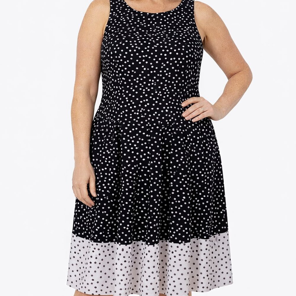 Ralph Lauren Dress 14 Sleeveless Scoop Neck Black White Polka Dots Back Zipper